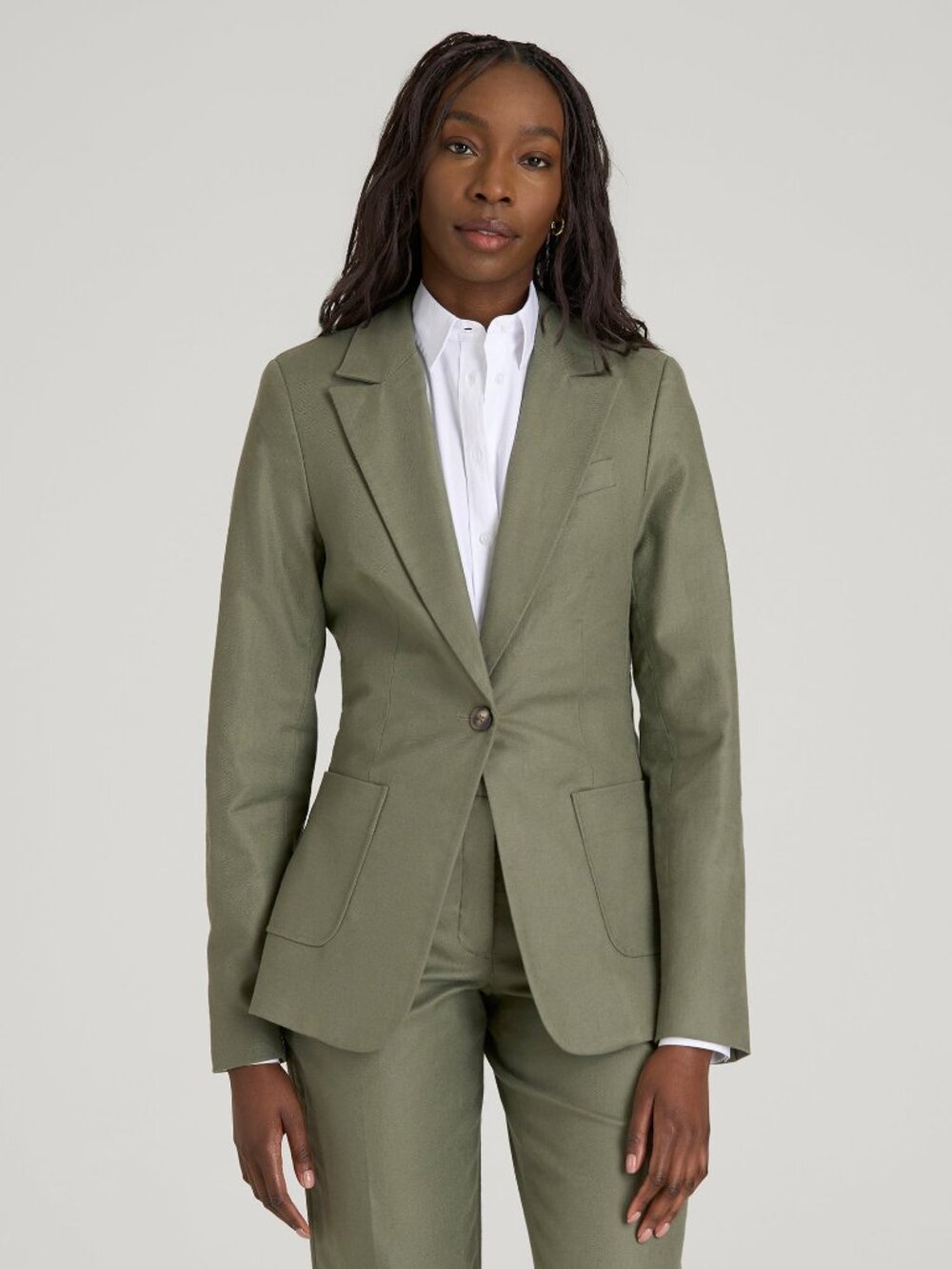 American Tall Slim Fit Linen Blend Blazer for Tall Women in Olive Size 1010 / Ta